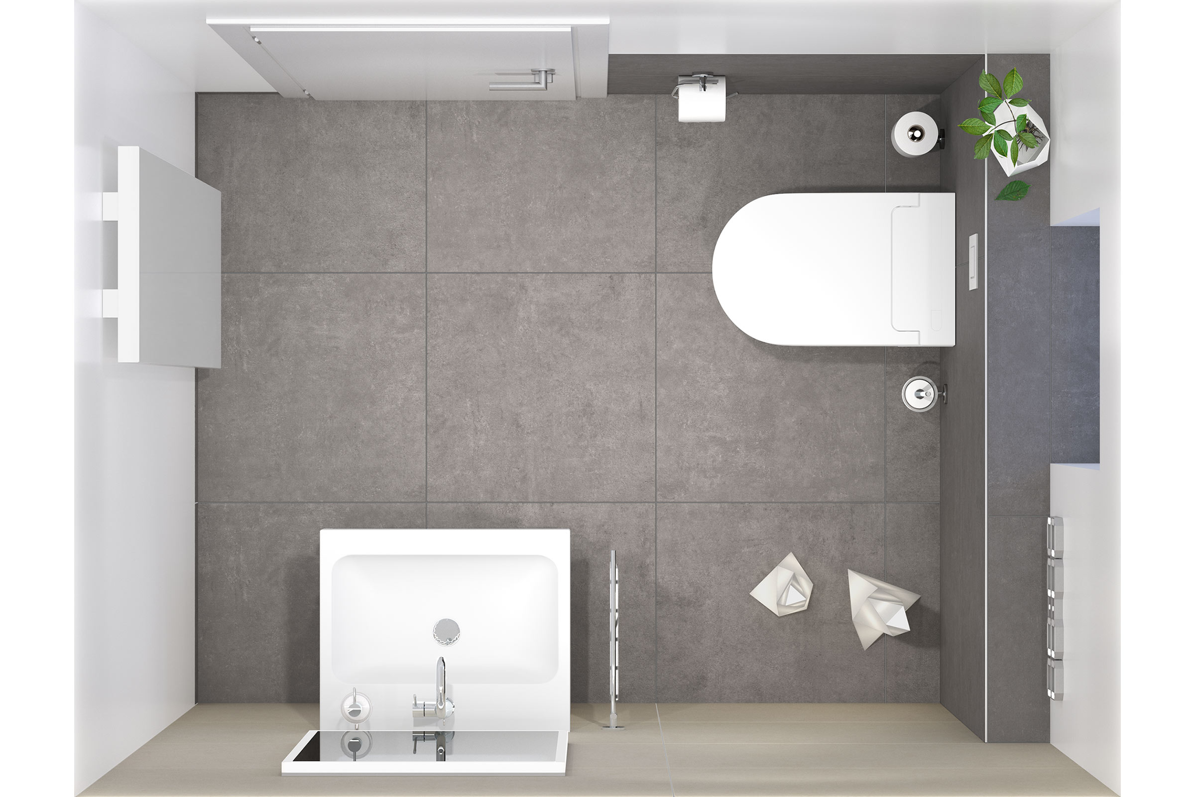Bovenaanzicht van een badkamer met douche, wastafel, toilet en grijze tegels