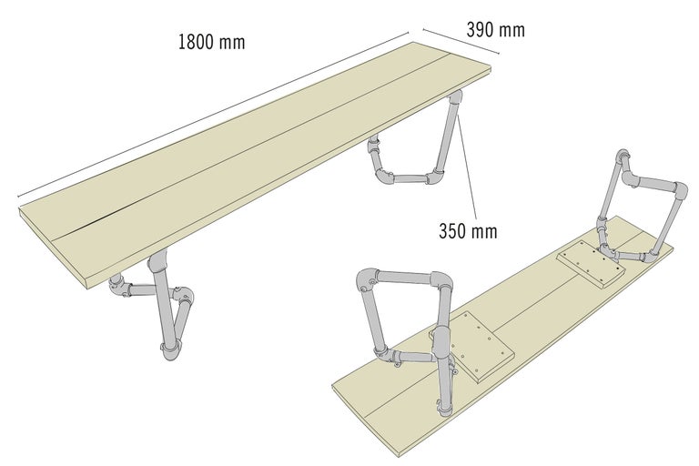 Tafel met pijpen als tafelpoten, afmetingen: 1800 mm x 390 mm x 350 mm