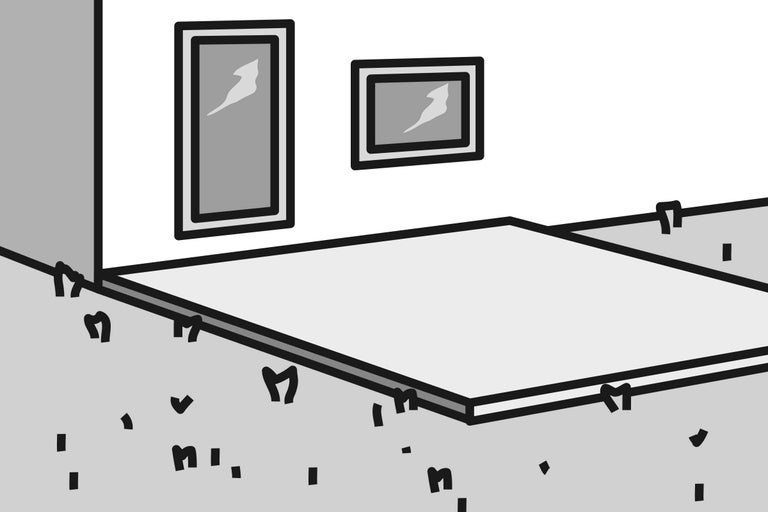 Illustratie van een kamer met schilderijen aan de muur en een vloerkleed op de vloer