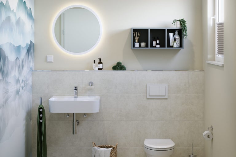 Lichte badkamer met wastafel, spiegel en toilet