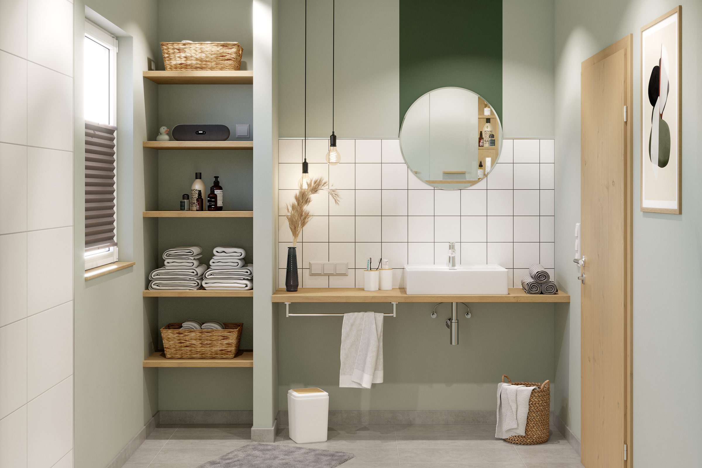 Lichte badkamer met wastafel, spiegel, planken en decoratie