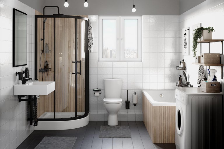 Moderne badkamer met douche, wastafel, toilet, bad en wasmachine