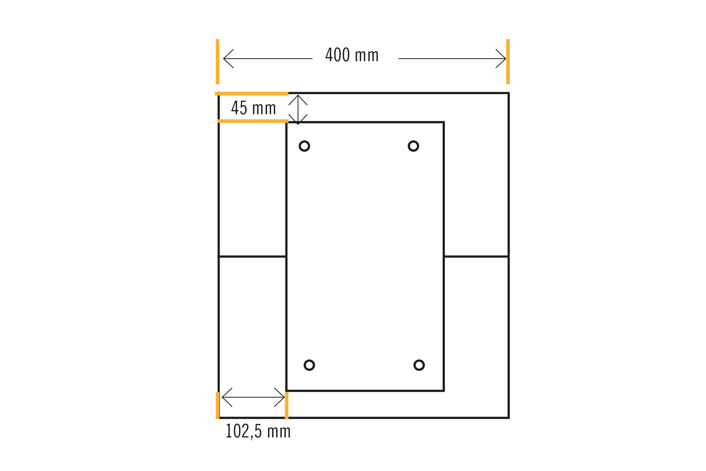 Technische tekening met maatvoering: 400 mm, 45 mm en 102,5 mm.