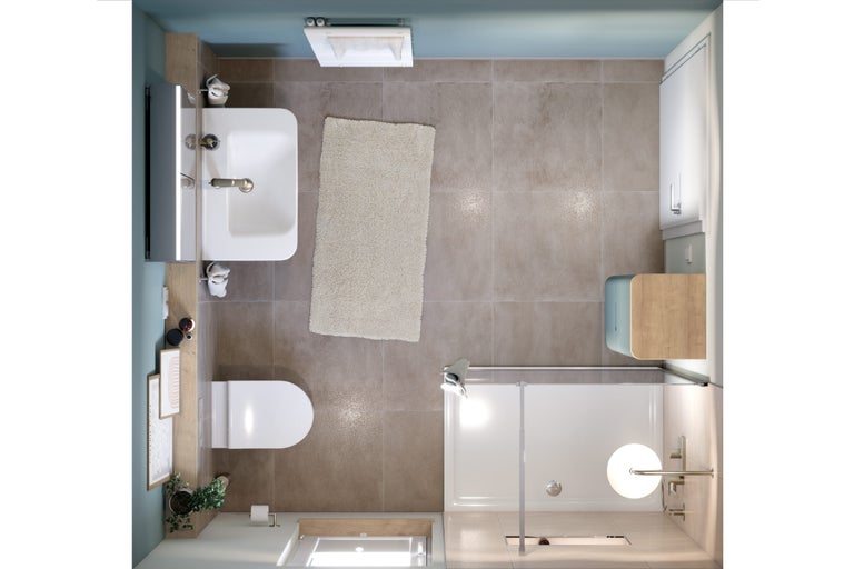 Bovenaanzicht van een badkamer met wastafel, toilet, bad en badmat