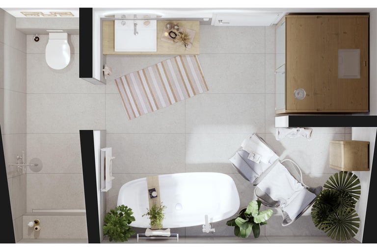 Bovenaanzicht van een badkamer met toilet, wastafel, bad en douche.