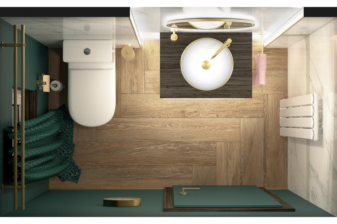 Bovenaanzicht van een badkamer met toilet, wastafel, douche en radiator