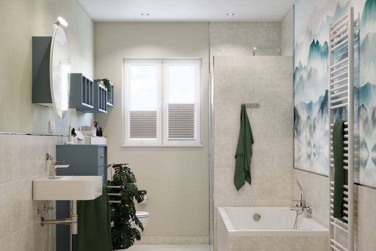 Lichte badkamer met wastafel, spiegel, bad, handdoekradiator en raam voor een vriendelijke sfeer