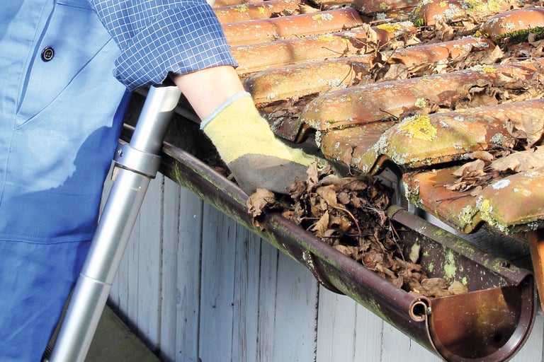 Reiniging van een dakgoot met bladeren en een ladder