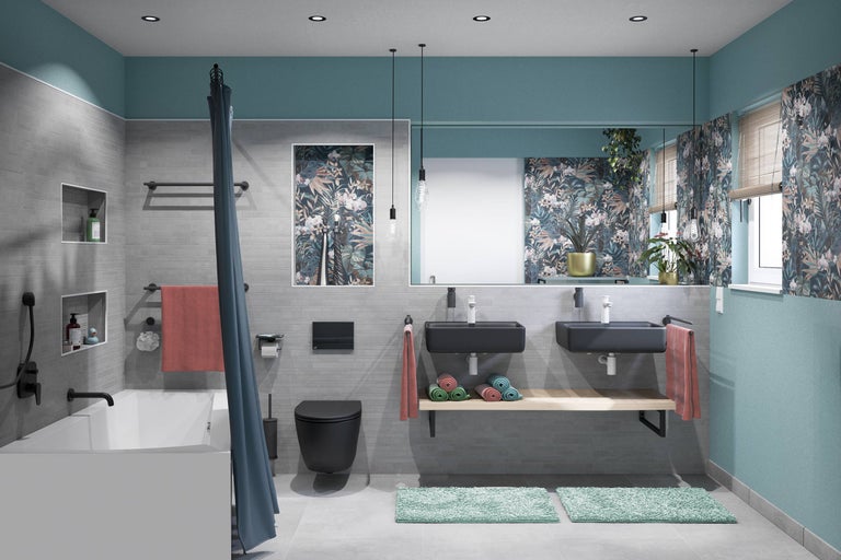 Lichte badkamer met bad, toilet en wastafel