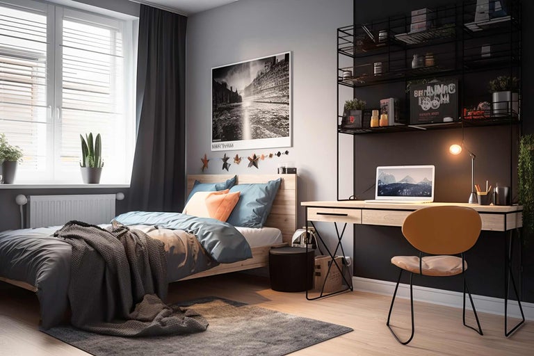 Een slaapkamer met een bed, een bureau, een stoel en planken.