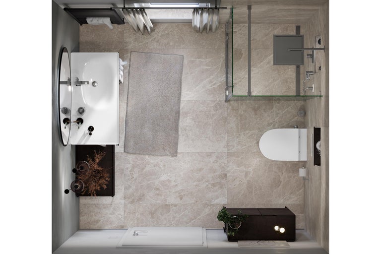 Bovenaanzicht van een badkamer met ligbad, douche, toilet en wastafel