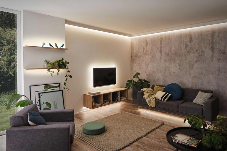 Lichte woonkamer met bank, fauteuil, tv en planken met planten en decoratie