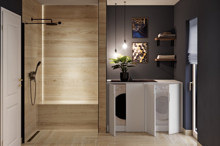 Moderne, georganiseerde badkamer met inloopdouche in houtlook, zwarte kranen en witte wasmachinekast.