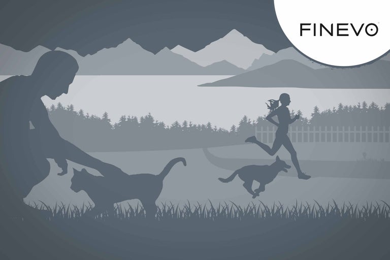 Finevo Logo met silhouet van persoon die kat aait, kat, vrouw die met hond rent, meer en bergen
