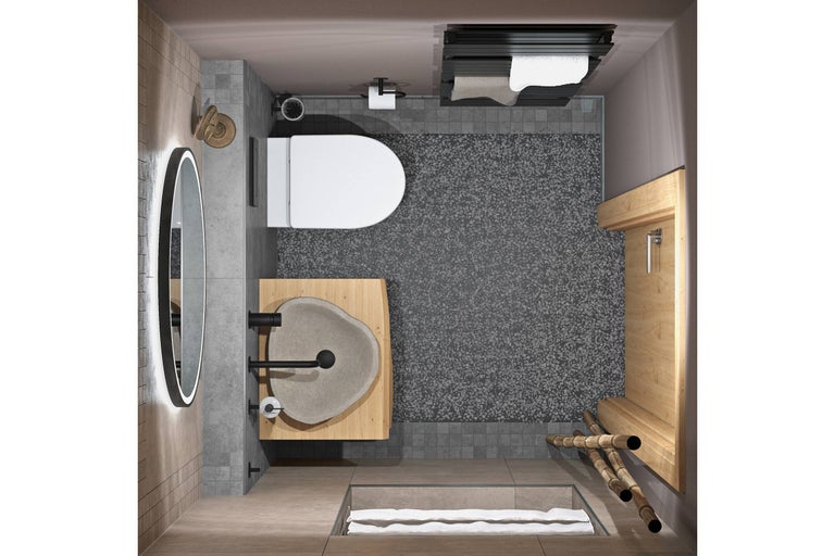 Vogelperspectief van een badkamer met toilet, wastafel, spiegel en handdoekradiator