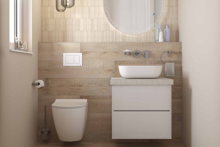 Moderne badkamer met toilet, wastafel en spiegel