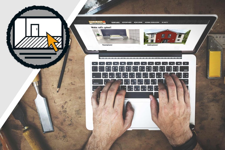 Laptop met de Hornbach website en handen op het toetsenbord, gereedschap ligt op tafel