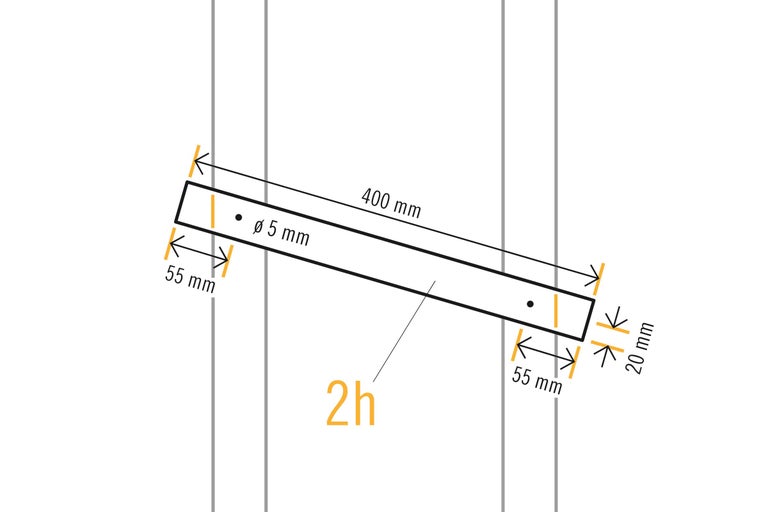 Technische tekening met afmetingen van een houten onderdeel: 400 mm lengte, 55 mm afstand, 20 mm breedte en 5 mm diameter van de boring