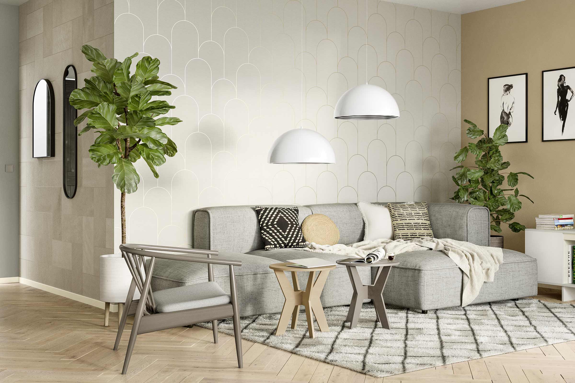 Woonkamer met bank, fauteuil, tapijt en kamerplanten