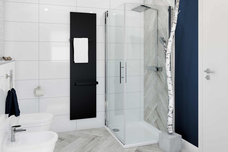 Moderne badkamer met douche, handdoekradiator en sanitair