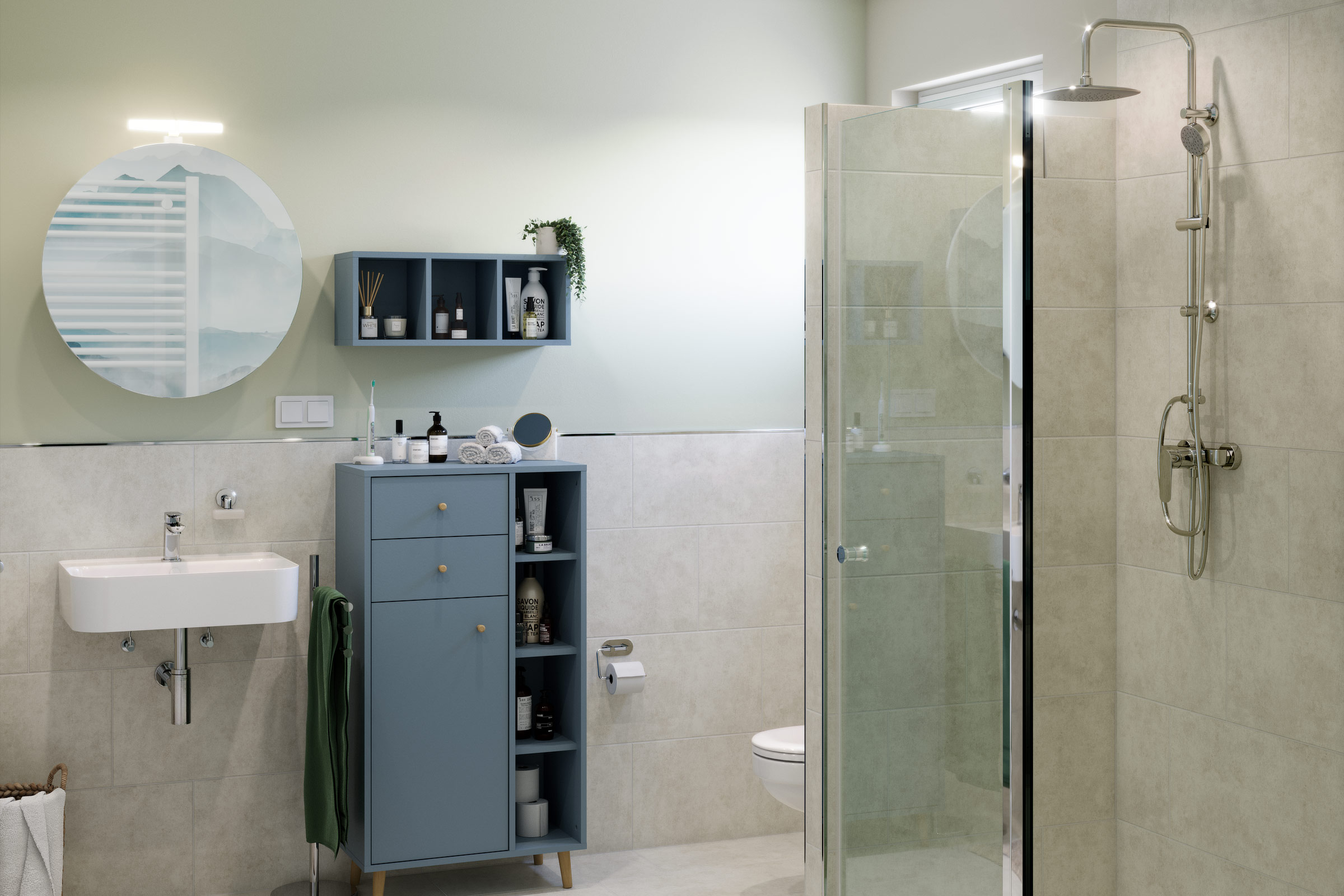 Lichte badkamer met wastafel, spiegelkast, douche en toilet