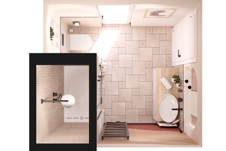 Badkamer met toilet, wastafel, douche en radiator in vogelvlucht