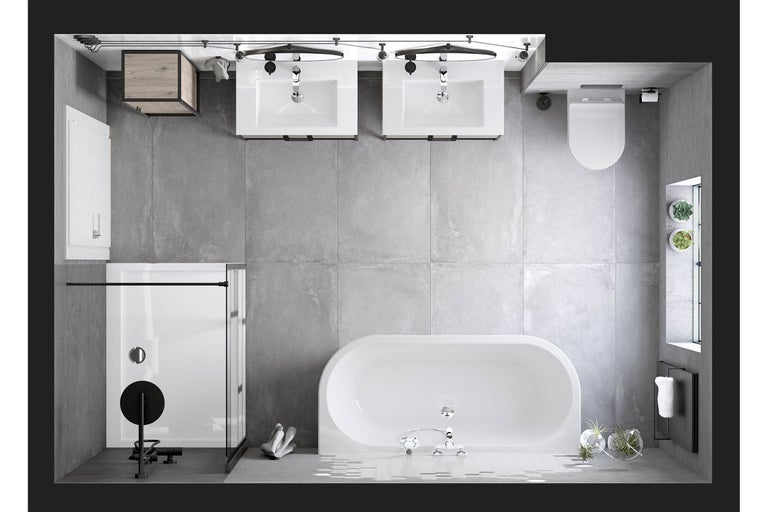 Bovenaanzicht van een badkamer met douche, bad, wastafel en toilet