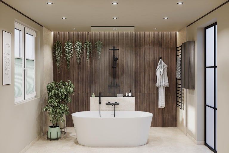 Moderne badkamer met wit vrijstaand ligbad, zwarte kranen, houten wand, planten en douche met glazen wand.