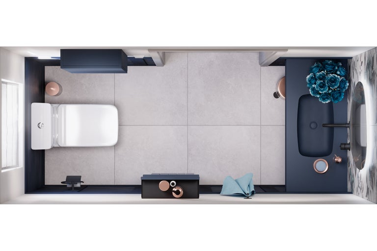 Vogelperspectief van een badkamer met toilet, wastafel, spiegel en accessoires voor de badkamer