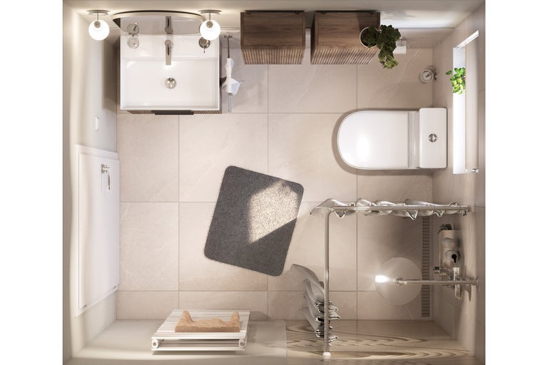 Vogelperspectief van een lichte badkamer met wastafel, toilet, radiator en badkameraccessoires