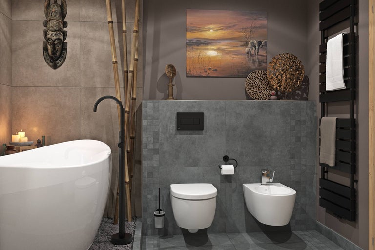 Moderne badkamer met vrijstaand bad, wandcloset en bidet tegen grijze tegels