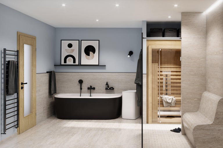 Lichte badkamer met vrijstaand bad, sauna en bank