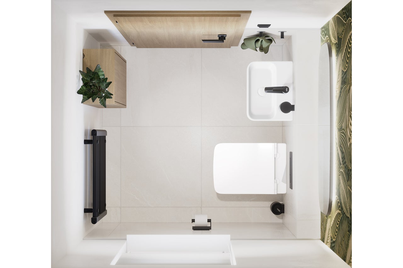Bovenaanzicht van een moderne toiletruimte met wit toilet, wastafel, zwarte radiator, houten kast, plant en spiegel voor bladmotief.