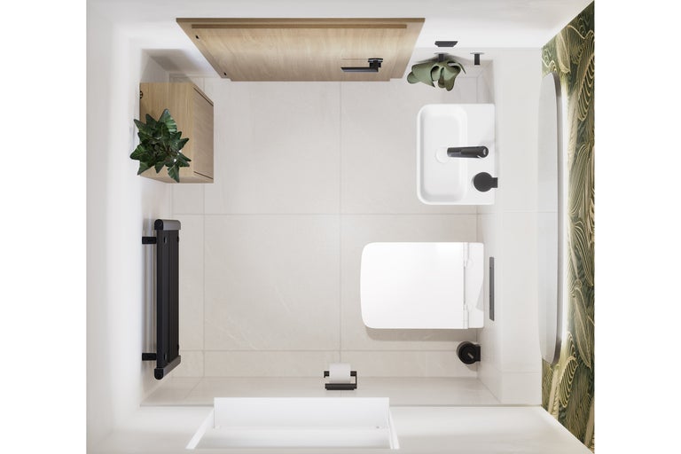 Bovenaanzicht van een moderne toiletruimte met wit toilet, wastafel, zwarte radiator, houten kast, plant en spiegel voor bladmotief.