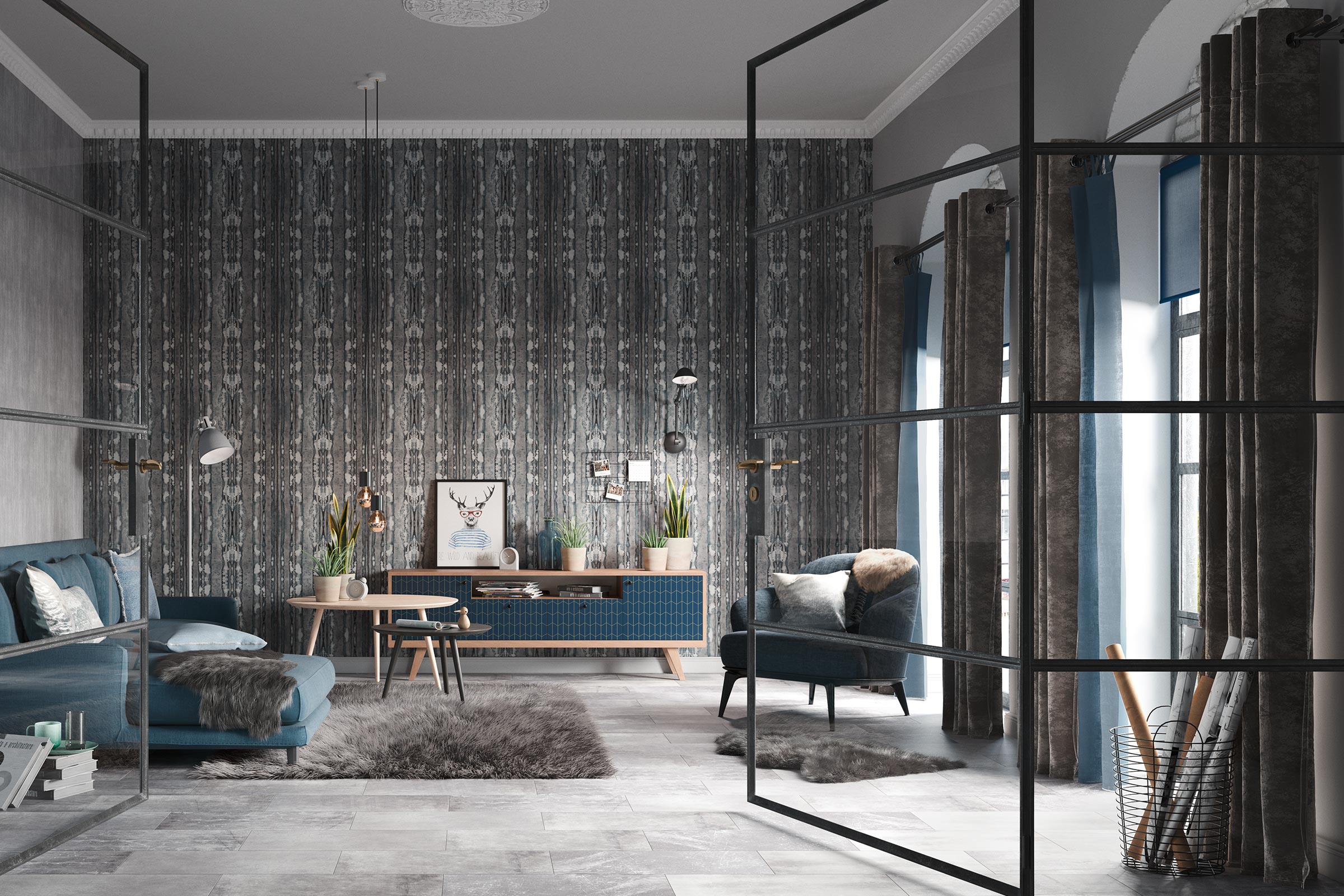 Woonkamer met bank, fauteuil, vloerkleed en behang met patroon