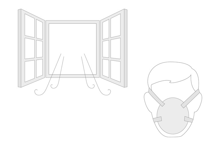 Illustratie van een persoon met een gezichtsmasker en een open raam voor ventilatie