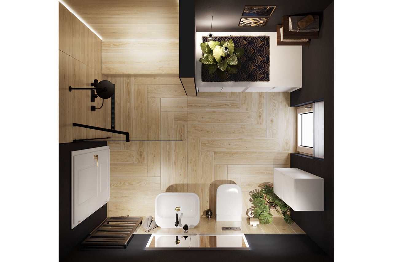 Bovenaanzicht van een moderne badkamer met tegels in houtlook, zwarte douchekraan, witte wastafel, wandcloset en een wit badkamermeubel.