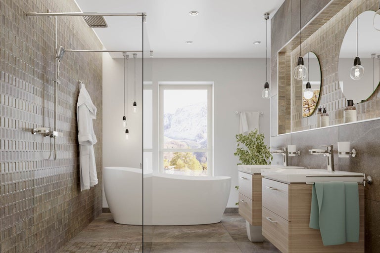 Moderne badkamer met bad, douche en dubbele wastafel