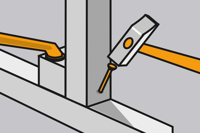 Illustratie toont een hamer die een spijker in een balk slaat