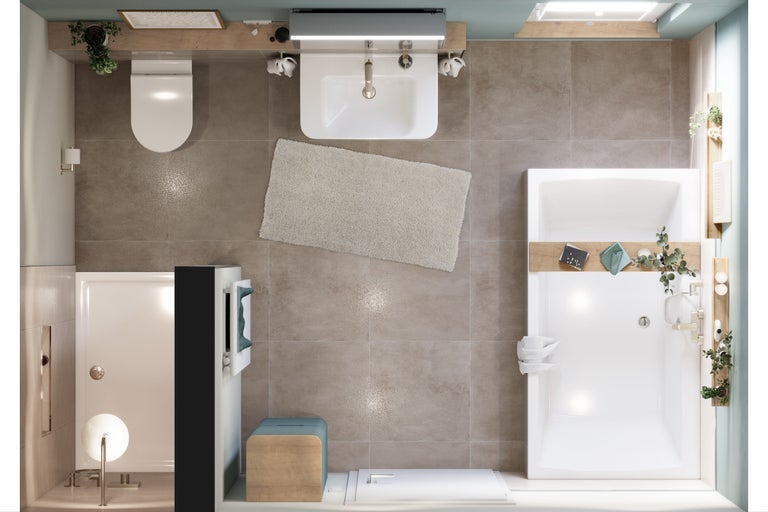 Bovenaanzicht van een lichte badkamer met toilet, wastafel, bad en douche