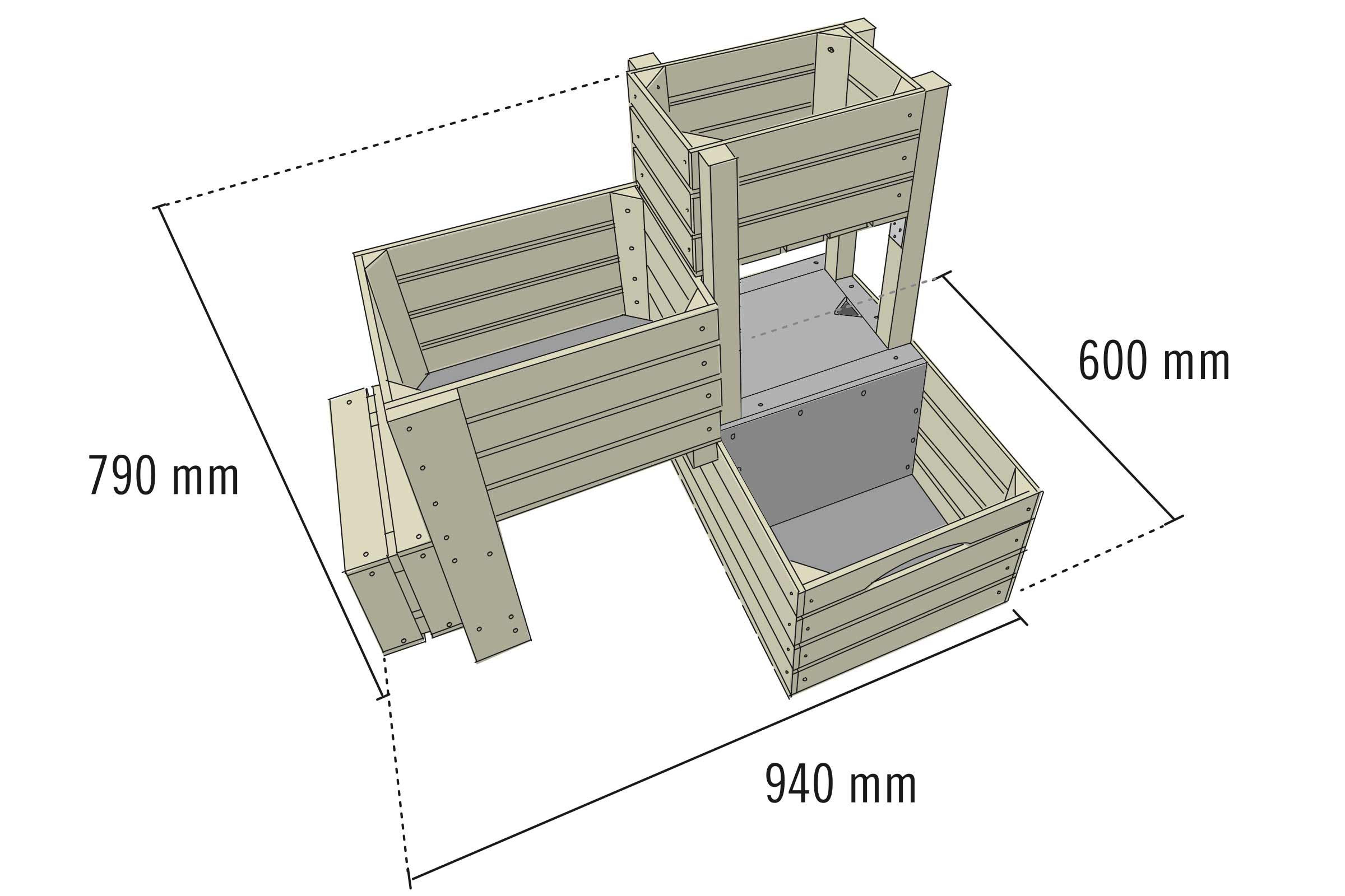 Bovenaanzicht van een verhoogde tuinbak met afmetingen 790 mm breed, 940 mm lang en 600 mm hoog