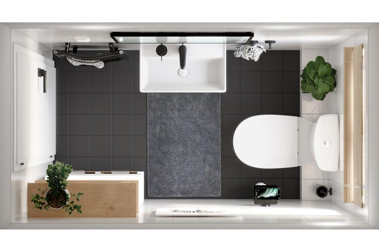 Bovenaanzicht van een badkamer met wastafel, toilet, bad en decoratie