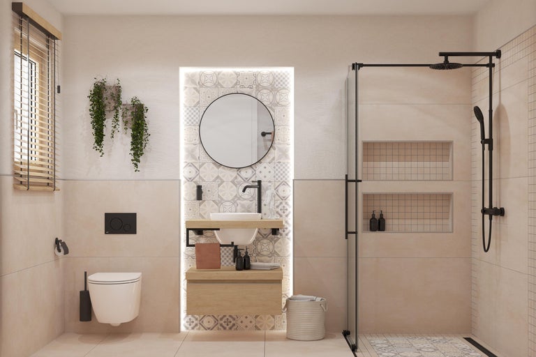 Badkamer met wastafel, spiegel, toilet en douche