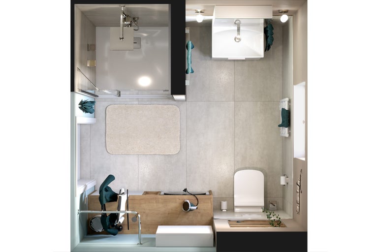Bovenaanzicht van een moderne badkamer met douche, wastafel, toilet en badkamermeubels