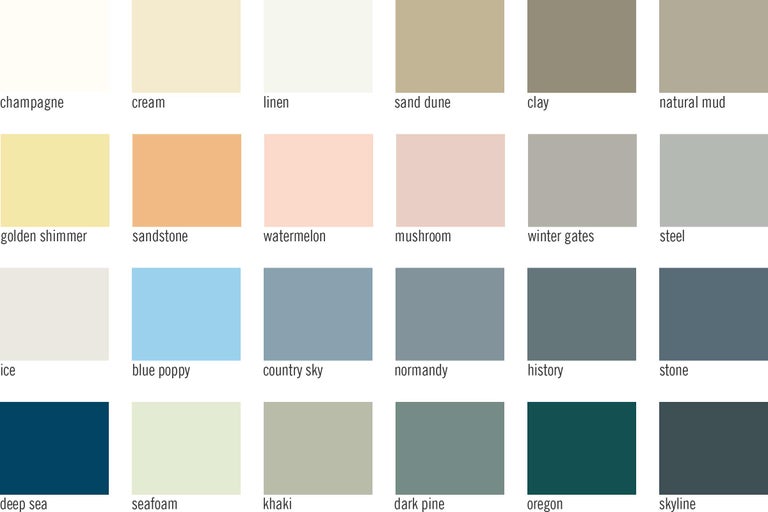 Kleurenwaaier met verschillende kleurtinten zoals champagne, crème, linnen, zandduin, klei, natuurlijke modder, gouden glans, zandsteen, watermeloen, champignon, winterpoorten, staal, ijs, blauwe klaproos, country sky, normandië, geschiedenis, steen, diepzee, zeeschuim, kaki, donkere den, oregon en skyline.