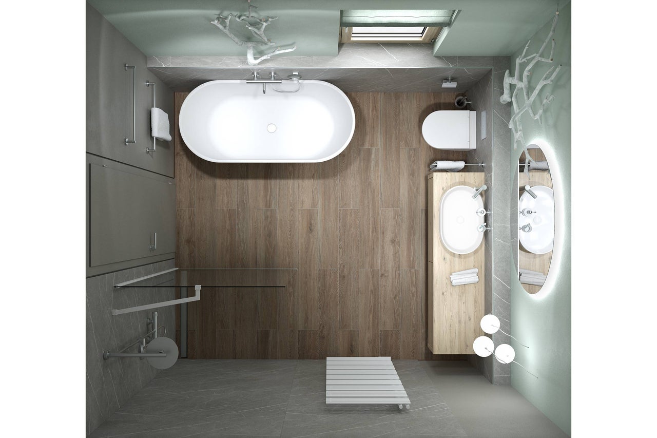 Bovenaanzicht van een badkamer met ligbad, toilet, wastafel en spiegel