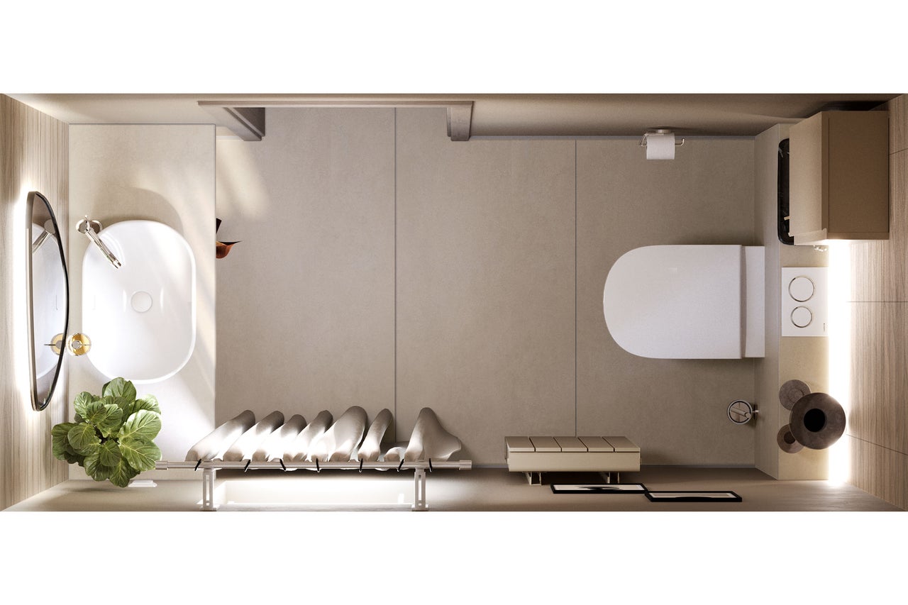 Vogelperspectief van een badkamer met wastafel, toilet, spiegel en zitbank