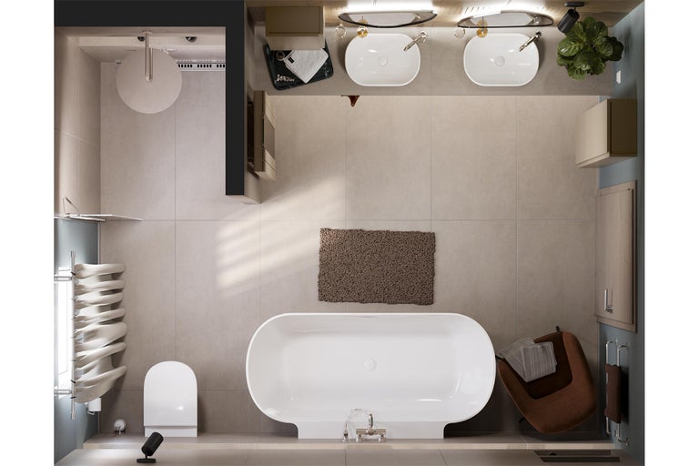 Vogelperspectief van een badkamer met ligbad, wastafels, toilet en handdoekradiator.