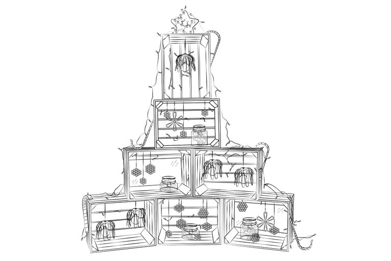 Decoratie met houten kisten en lichtjes voor kerst