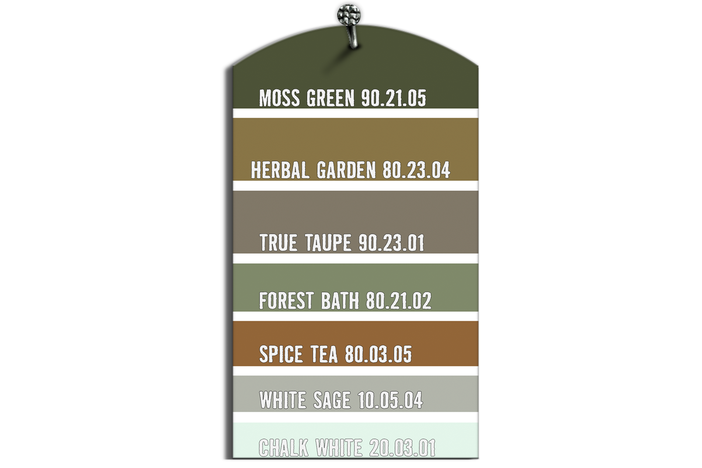 Kleurenkaart met de kleuren Mosgroen, Kruidentuin, True Taupe, Bosbad, Specerijenthee, Witte Salie en Krijtwit